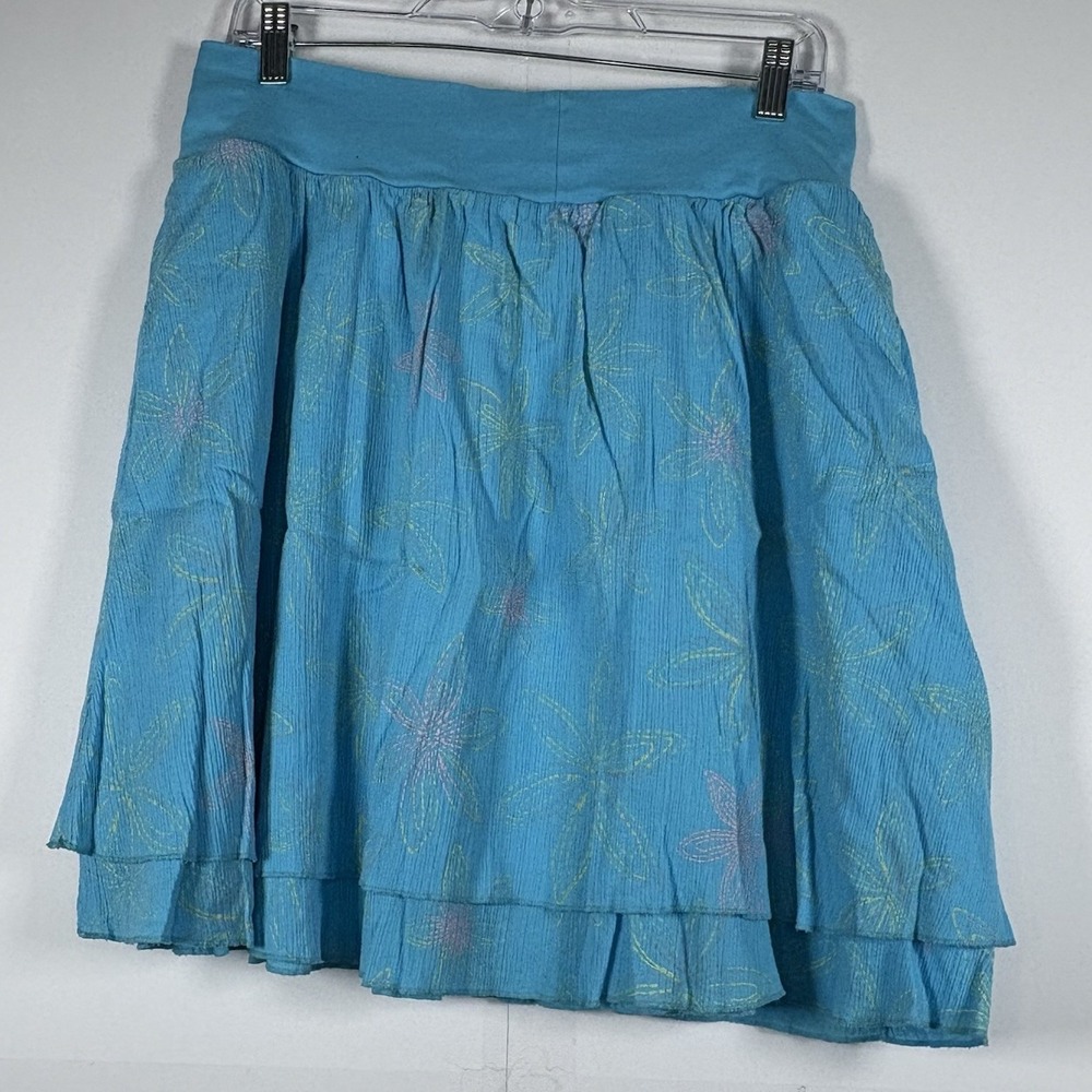 Fresh Produce Women's Tiered Cotton Floral Blue Skirt Aqua Sz Lg Lightweight - Picture 2 of 7